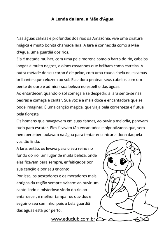 Lenda da Iara com atividades de interpretação de texto | Educlub